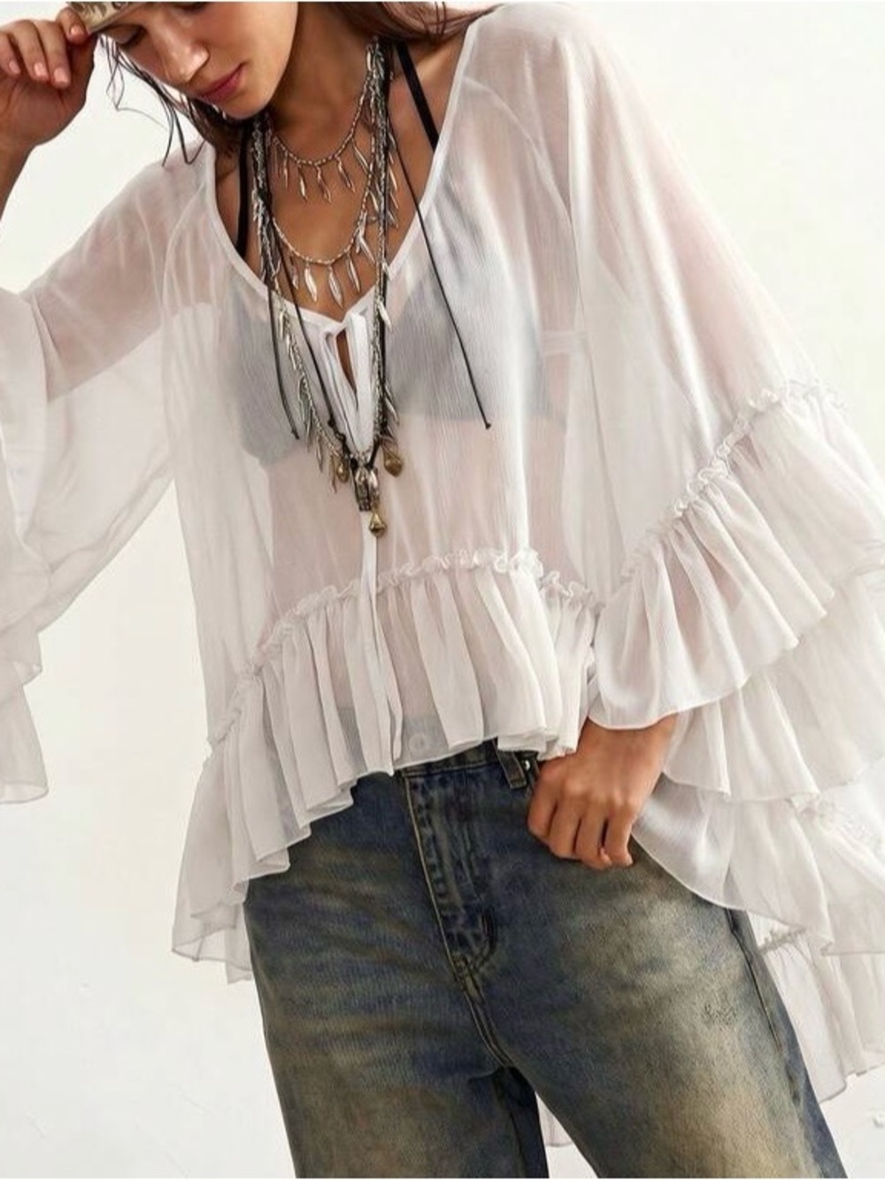 Boho Ruffle Sheer Peasant Top - off white